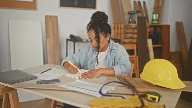 Woman carpenter writing notes with hand on notebook at workshop studio with yellow hardhat and gloves on table, surrounded by wood and tools; craft focus.
