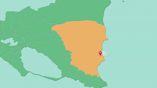 Mapa de Nicaragua con divisi&oacute;n pol&iacute;tica resaltando el departamento de Costa Caribe Sur con su capital Bluefields