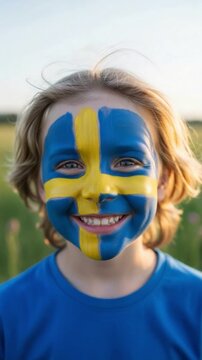 Young blonde boy supporting Sweden with the national flag painted on his face smiling outdoors representing patriotism and sports fandom