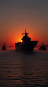 Military warships sailing in formation at sunset silhouette naval fleet ocean defense