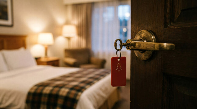 Vintage brass key plastic room number tag inserted metal door lock handle blurred cozy hotel bedroom interior background travel accommodation hospitality service concept security privacy