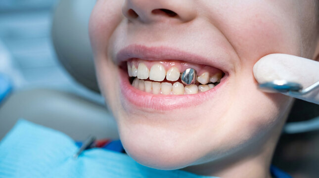 Close up view child mouth smiling showing metallic silver dental crown decaying tooth pediatric dentistry tooth restoration concept bright medical lighting clean treatment stock photo
