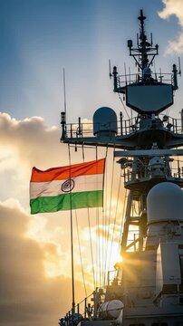 Indian Navy Warship at Sunset with National Flag Flying Proudly Concept of Defense and Maritime Security