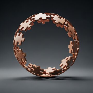 A three-dimensional rendering of interlocking wooden jigsaw puzzle pieces arranged in a perfect circle or sphere formation against a dark gray background with soft lighting.