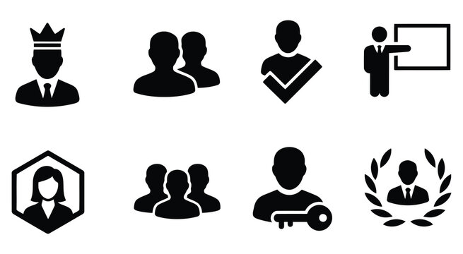 Set of black silhouette people icons for user profiles and business roles.