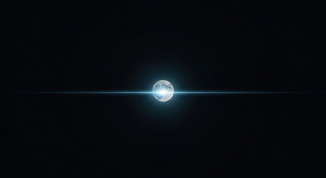 Full moon centered on a pitch black background featuring a bright blue horizontal lens flare and light streak passing through the middle of the lunar surface with a cyan glow.