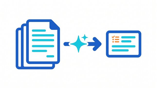 Document file stack transforming into structured list summary icon using magic sparkle effect representing automated text extraction and content summarization tools.