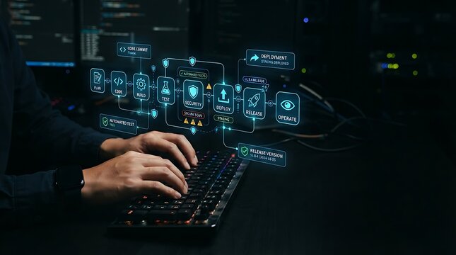 Software engineer interacting with holographic DevSecOps CI/CD pipeline interface for enterprise secure software development and automated code deployment security management solutions.