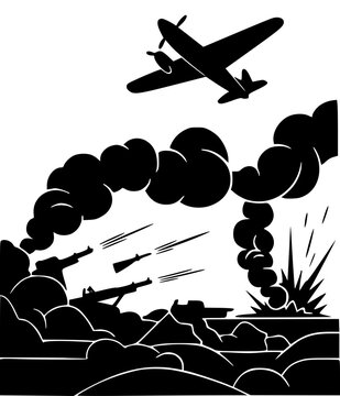 Anti-aircraft defense. Vector black and white graphic poster anti-aircraft guns firing at an enemy bomber plane