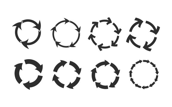 Black circular arrow icon set vector illustration for refresh, reload, sync, recycle, loop, process cycle, rotation pointer, ui ux navigation, and website button element.