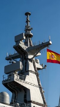 Spanish naval warship mast with radar equipment and national flag flying against blue sky