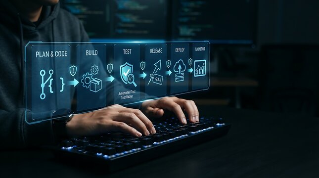 Software engineer interacting with holographic DevSecOps CI/CD pipeline interface for enterprise secure software development and automated code deployment security management solutions.