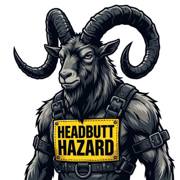 Strong anthropomorphic ram wearing a leather harness with headbutt hazard sign