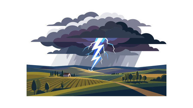 Lightning Storm Over Countryside Landscape Vector Illustration