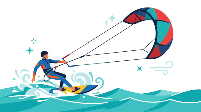 Kitesurfer Riding Waves Vector Illustration