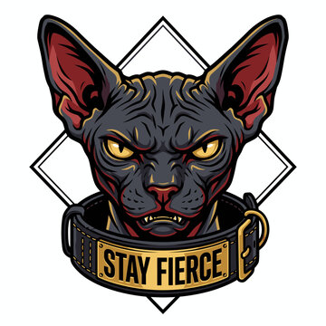 Fierce black sphynx cat head with stay fierce gold collar badge emblem