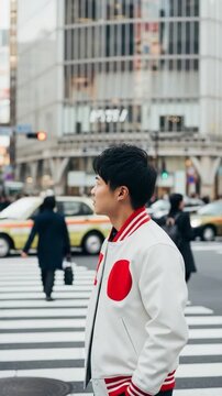 Young Japanese man in white varsity jacket at Tokyo crosswalk representing modern youth fashion and Asian urban lifestyle photography