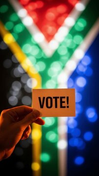 South African election vote concept featuring a hand holding a paper sign with vote text against bokeh flag background