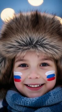 Close up portrait of a young girl wearing a winter fur hat with Russian flag face paint and blue scarf, concept of patriotism