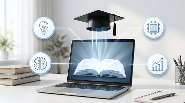 Online learning concept with graduation cap and glowing book on laptop