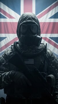 Soldier in gas mask and tactical gear standing in front of British flag representing military defense and security concepts