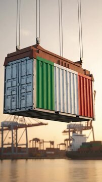 Italian flag painted on a cargo container lifted by a crane at a port for import and export international shipping commerce