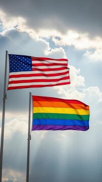 American and pride flags waving together against a cloudy sky representing unity diversity and freedom