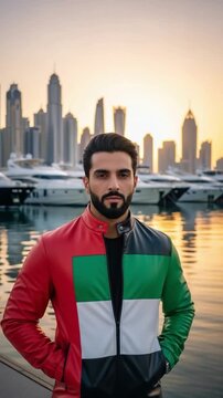 Young adult Arab man wearing a UAE flag jacket standing at a Dubai marina sunset waterfront
