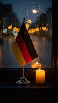 German flag and lit candle on a rainy windowsill representing mourning, remembrance, and solidarity