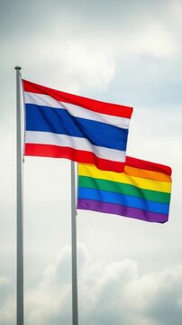 Thai and pride flags waving together representing equality, diversity, and human rights in Thailand