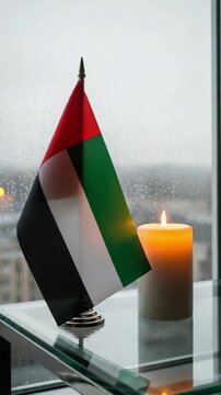UAE flag and burning memorial candle on a glass table in a quiet room representing national remembrance and mourning