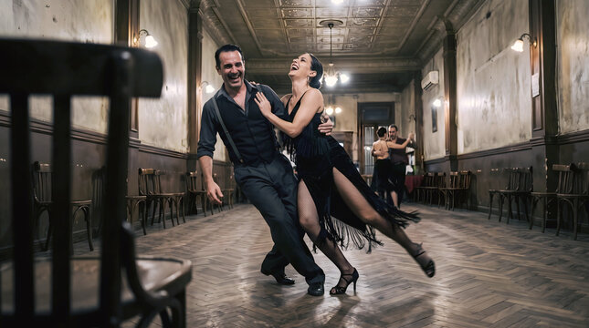 Candid tango couple stumbling and laughing mid-rehearsal in a classic Buenos Aires milonga