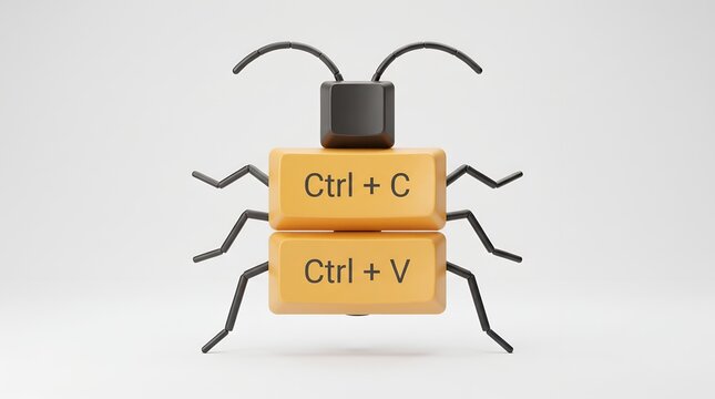 3D Render of a Keyboard Keycap Bug with Copy and Paste Shortcuts Representing Software Glitches and Coding Errors
