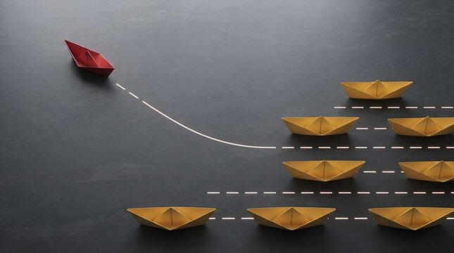 Red paper boat standing out from a group of yellow paper boats