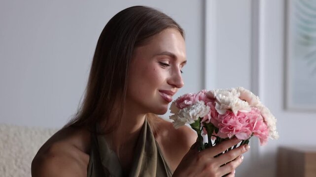 Smiling woman sniffing bouquet of carnation flowers at home. Slow motion effect