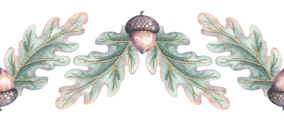 Oak leaves and acorn seamless border. Hand drawn watercolor green with brown arrangement in botanical style. Floral graphic for autumn design. Rustic template for washi tape and woodland decoration. © NadyaSaen 