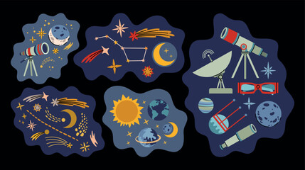 Fototapeta premium Cute hand drawn set of compositions with various planets, Earth, Saturn, Sun, Moon, lunar and solar eclipse, shooting and sparkling stars, constellations, comets, telescopes and astronomical glasses.