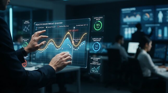 Supply chain analyst interacting with holographic demand forecasting inventory planning interface for enterprise predictive stock management and digital supply chain optimization solutions.