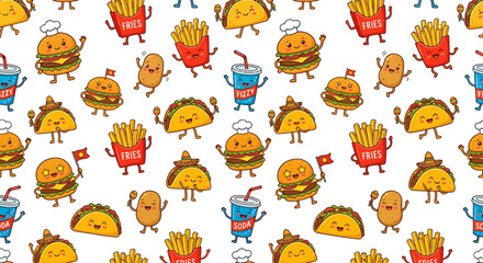 Fototapeta premium Cute Kawaii Fast Food Pattern