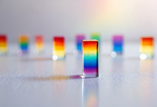 Vibrant Rainbow Prism on White Surface with Bokeh Background