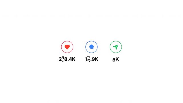 Animated social media interaction displays, like comment and share counters for user engagement on white background