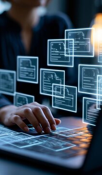 Process automation to efficiently manage files. Businesswoman working on laptop with virtual screen. Online documentation database and document management system concept.