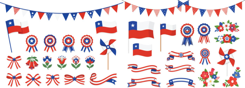 Set of patriotic chilean national symbols flags and bunting decorations