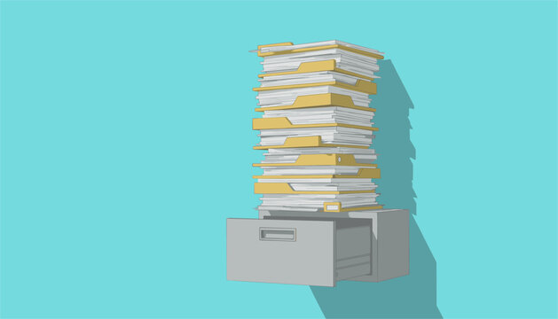 Large stack of paper files and yellow folders resting precariously on top of an open metal filing cabinet drawer in a bright turquoise office room.