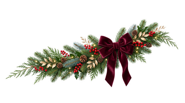 Elegant Christmas garland with burgundy velvet bow. Festive pine branch border with red berries and gold leaves. Winter holiday floral swag.