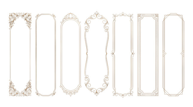Vintage ornate vertical frames, collection of 7 decorative borders, elegant beige filigree scrollwork for wedding invitations