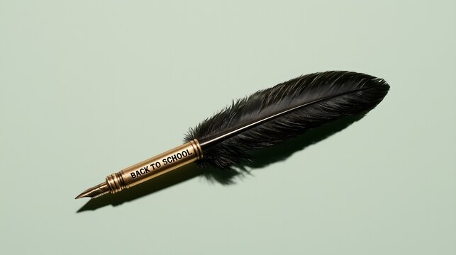 Black feather quill pen with gold body and back to school engraving, vintage writing instrument for back to school season poster and autumn semester design