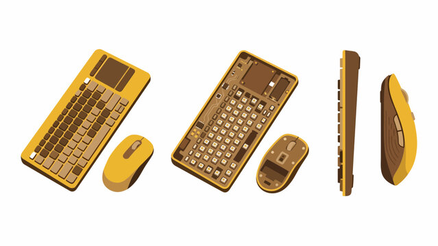 Modern wireless keyboard and mouse set in yellow, viewed from multiple angles, showcasing technology and design.