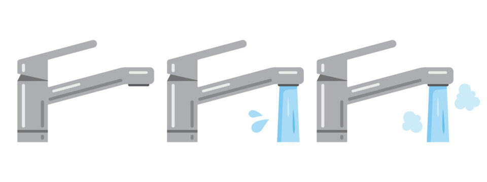 Comparison illustration of kitchen faucet states: stopped, running water, and hot water