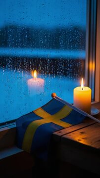 Cozy Swedish flag and burning candle by a rainy window on a melancholic evening, representing national pride, comfort, and peaceful solitude